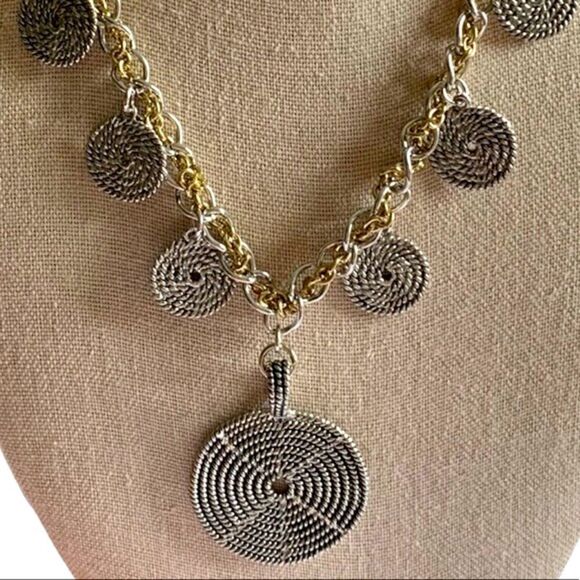 Silver Tone with Gold Tone Disk Necklace & Pierced Earring Set - Picture 2 of 4
